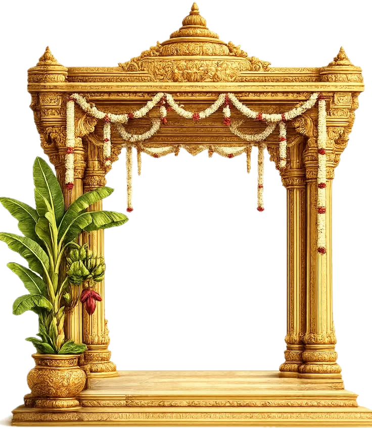 A golden wedding mandapam adorned with jasmine garlands